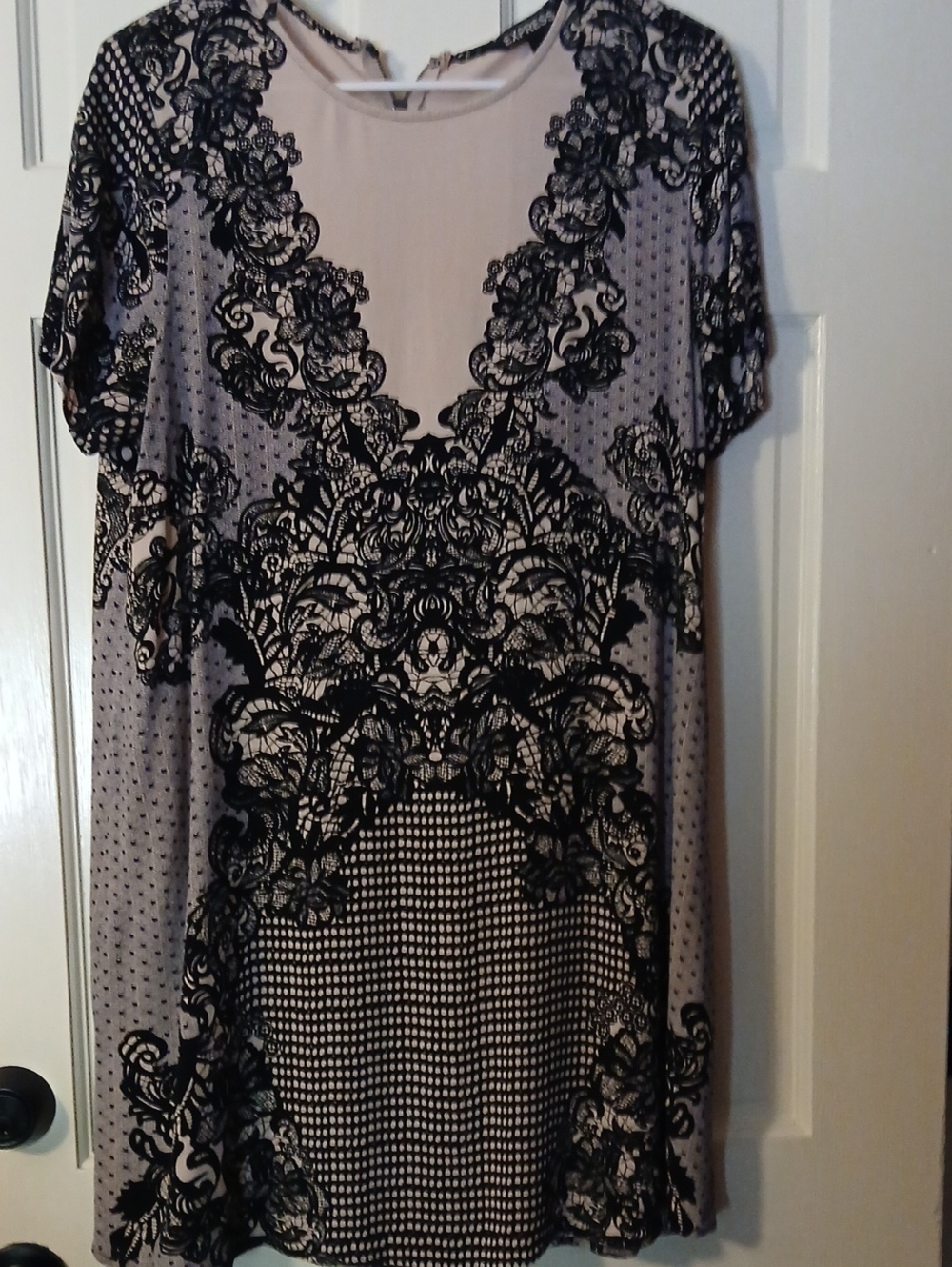 Express Taupe and Black Short Sleeve Dress  with Lace-Print